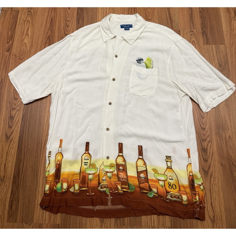 Tequila Margarita Shirt Mens Extra Large Puritan Rayon Hawaiian Border Print